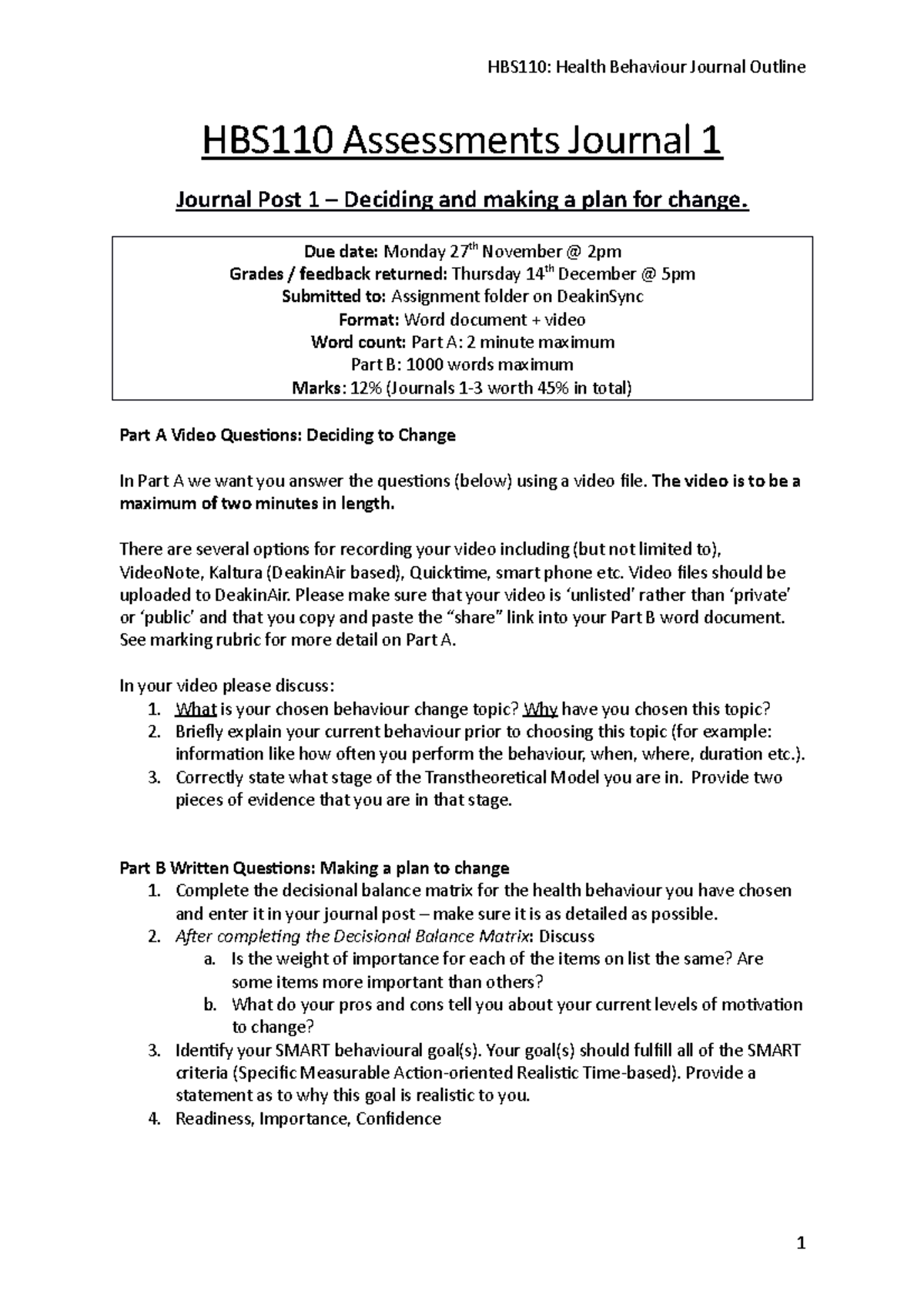 HBS110 Journal 1 Instructions - HBS110: Health Behaviour Journal ...