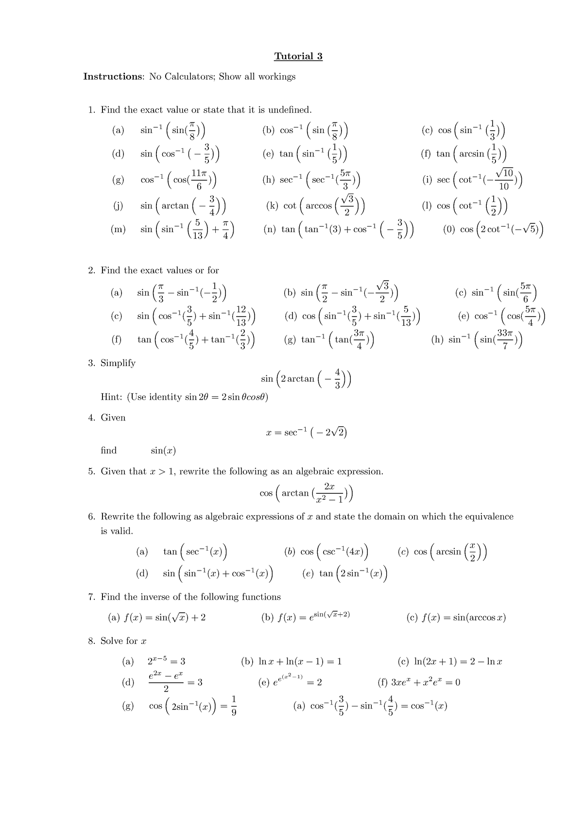 Tutorial 3 MATH131 - tut work - Tutorial 3 Instructions: No Calculators ...