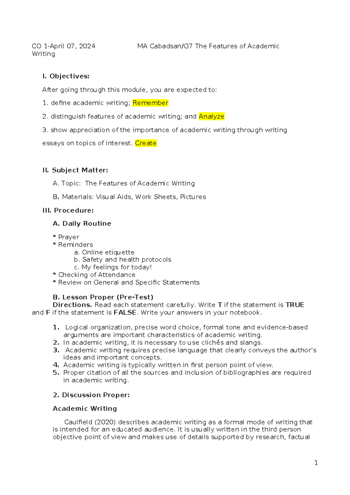 LP- Features of Academic Writing- G7-M1-Q4 - CO 1-April 07, 2024 MA ...