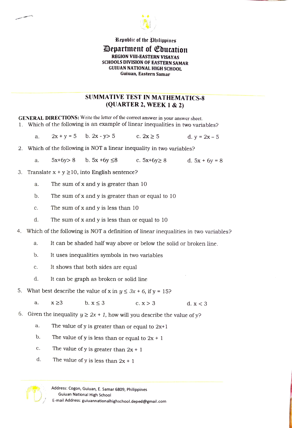 Summative TEST IN Mathematics-8 - Republir Of The Philippines ...