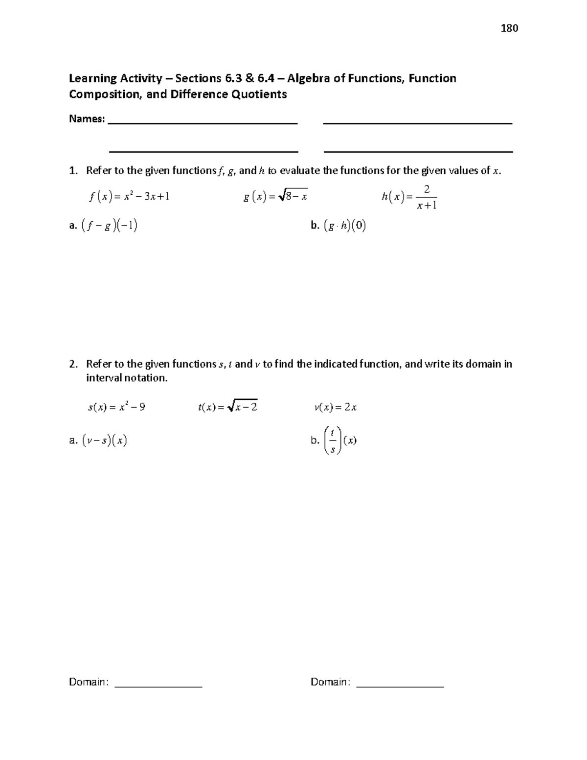 M1105C LA 6.3 & 6.4 Algebra of Functions, Compostion, Diff Quotient W ...