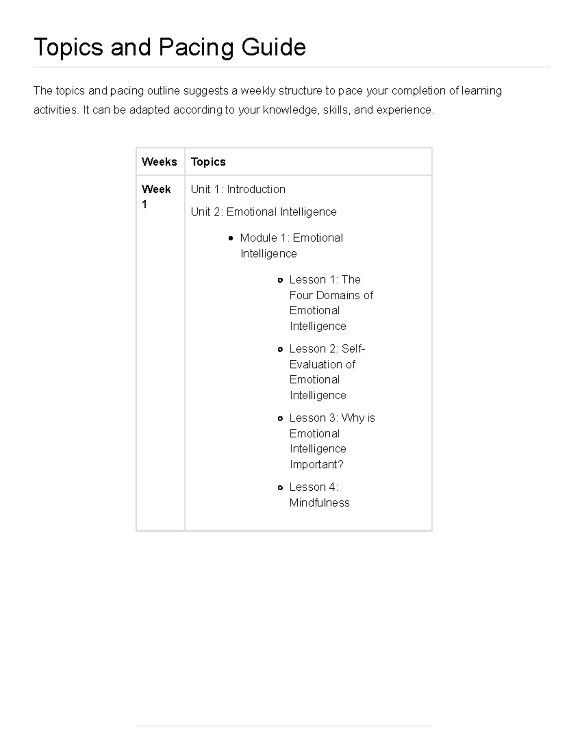Topics and Pacing Guide Emotional and Cultural Intelligence - Topics ...
