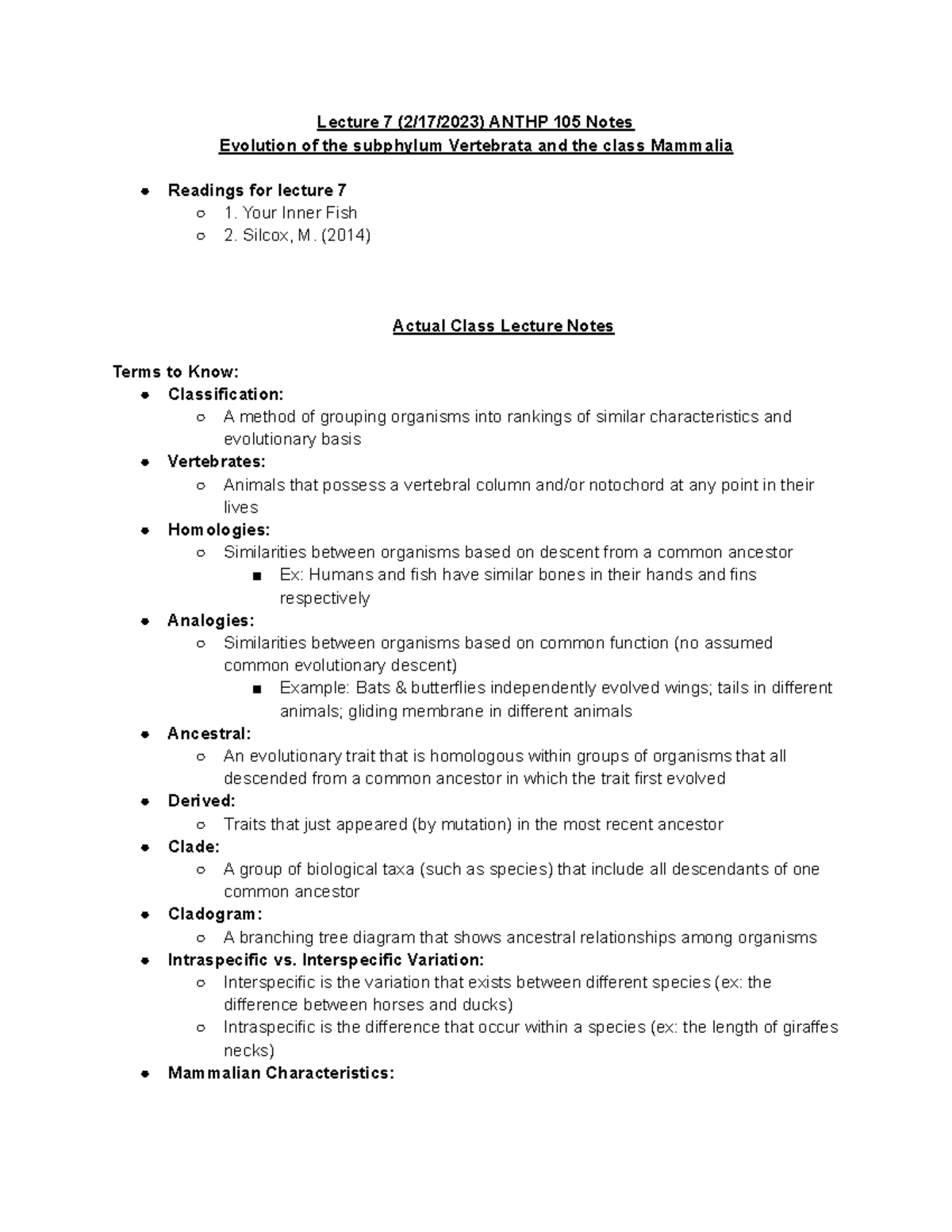 Lecture 7 (2 17 2023) ANTHP 105 Notes - Lecture 7 (2/17/2023) ANTHP 105 ...