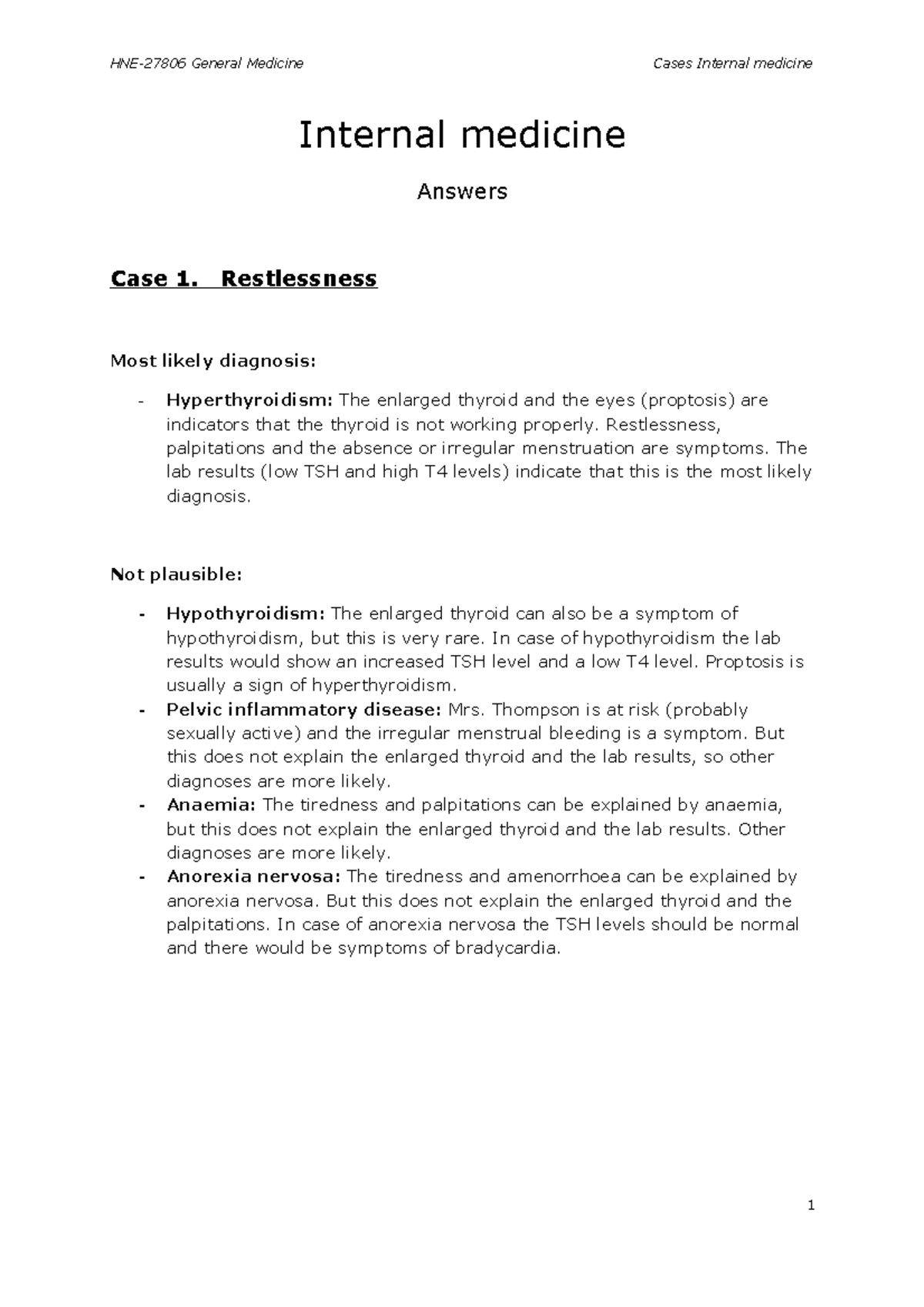 Case Internal medicine answers HNE27806 General Medicine Cases
