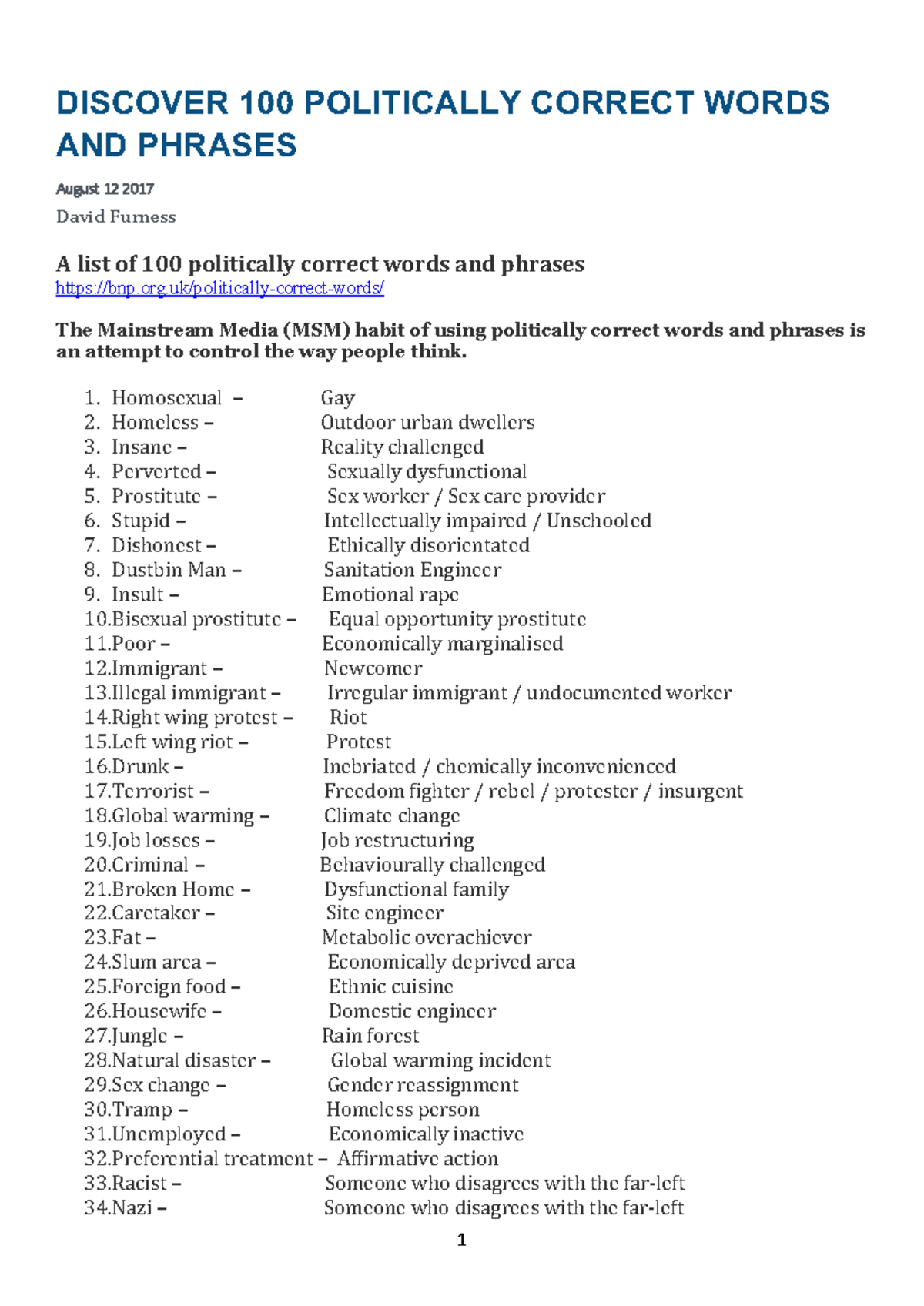 A list of 100 politically correct words and phrases - org/politically ...