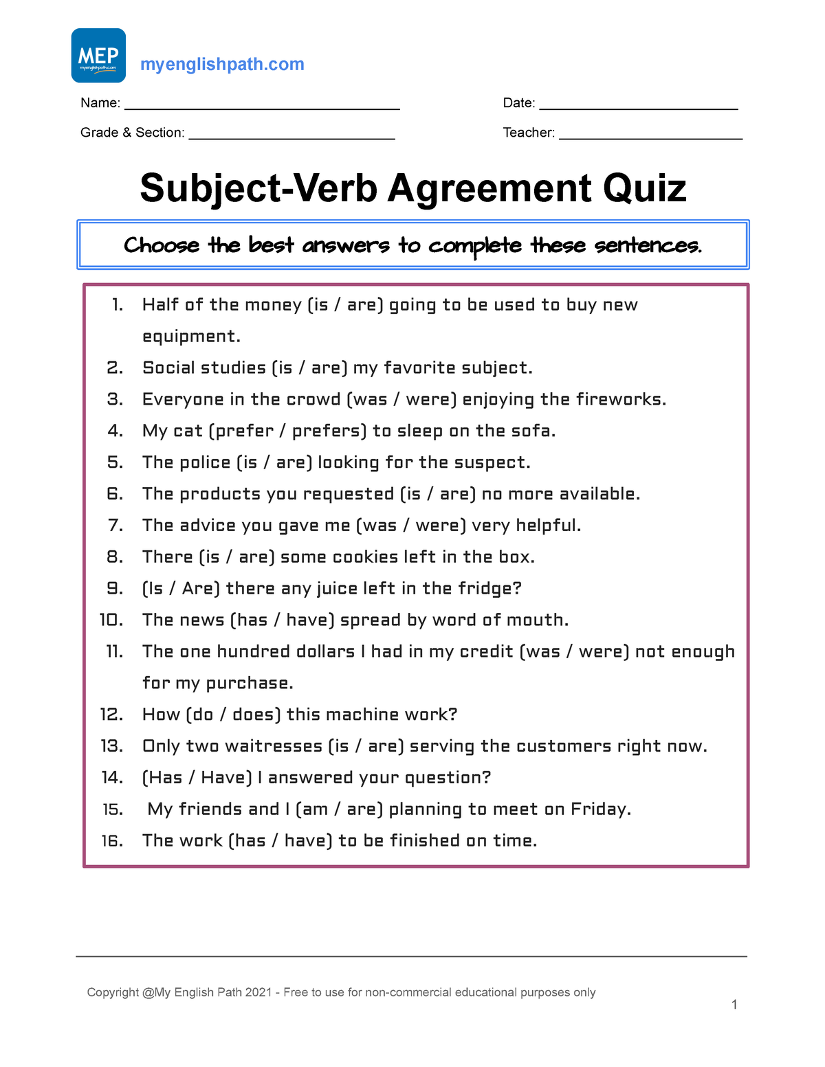 Subject Verb Agreement Quiz High School