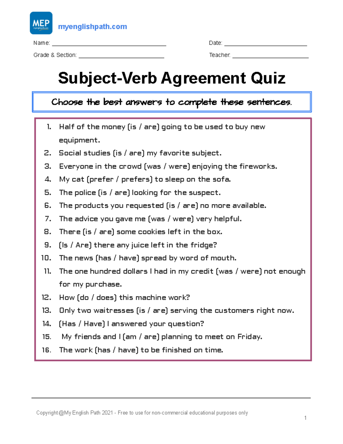 Subject Verb Agreement Quiz 6th Grade