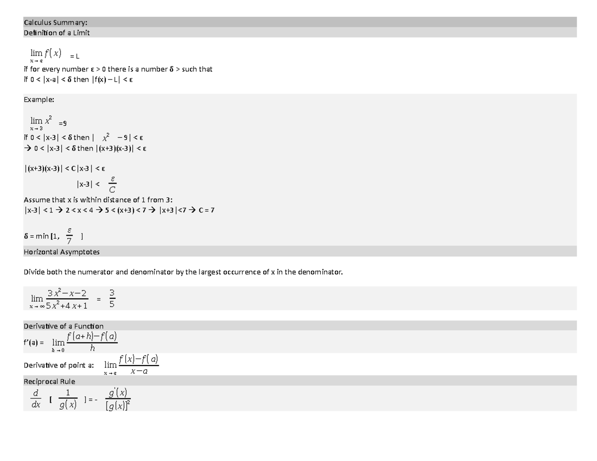 Calculus Summary - Equations and functions to know - Calculus 2 for the ...