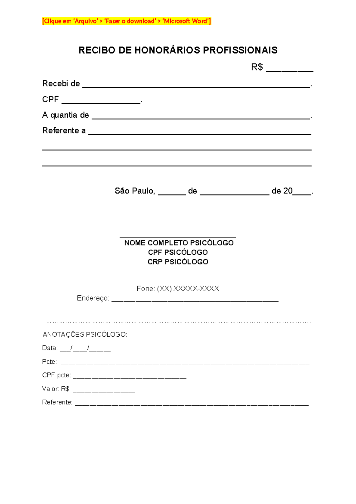Modelo de Recibo de Pagamento - [Clique em ‘Arquivo’ > ‘Fazer o