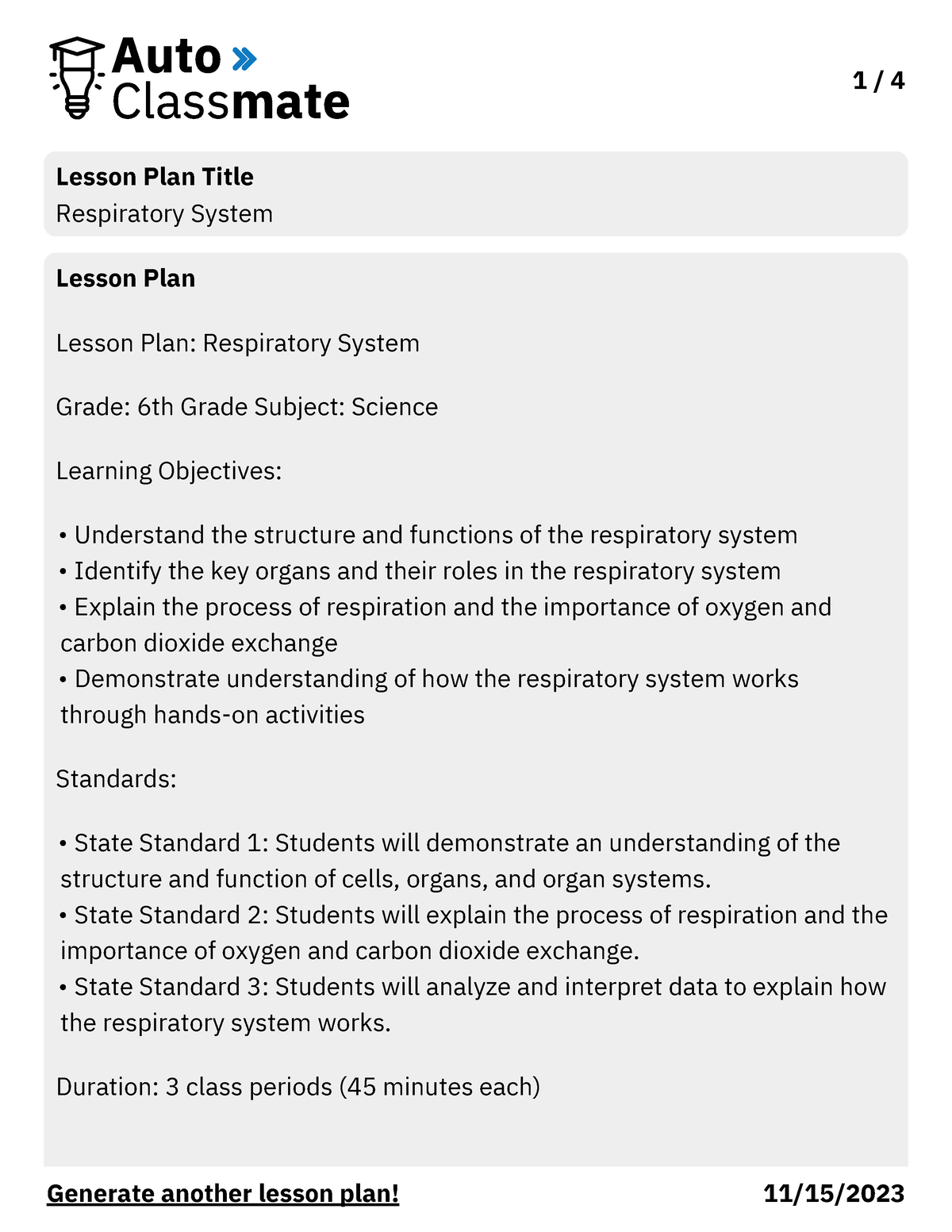 Respiratory System - 1 / 4 Lesson Plan Title Respiratory System Lesson ...