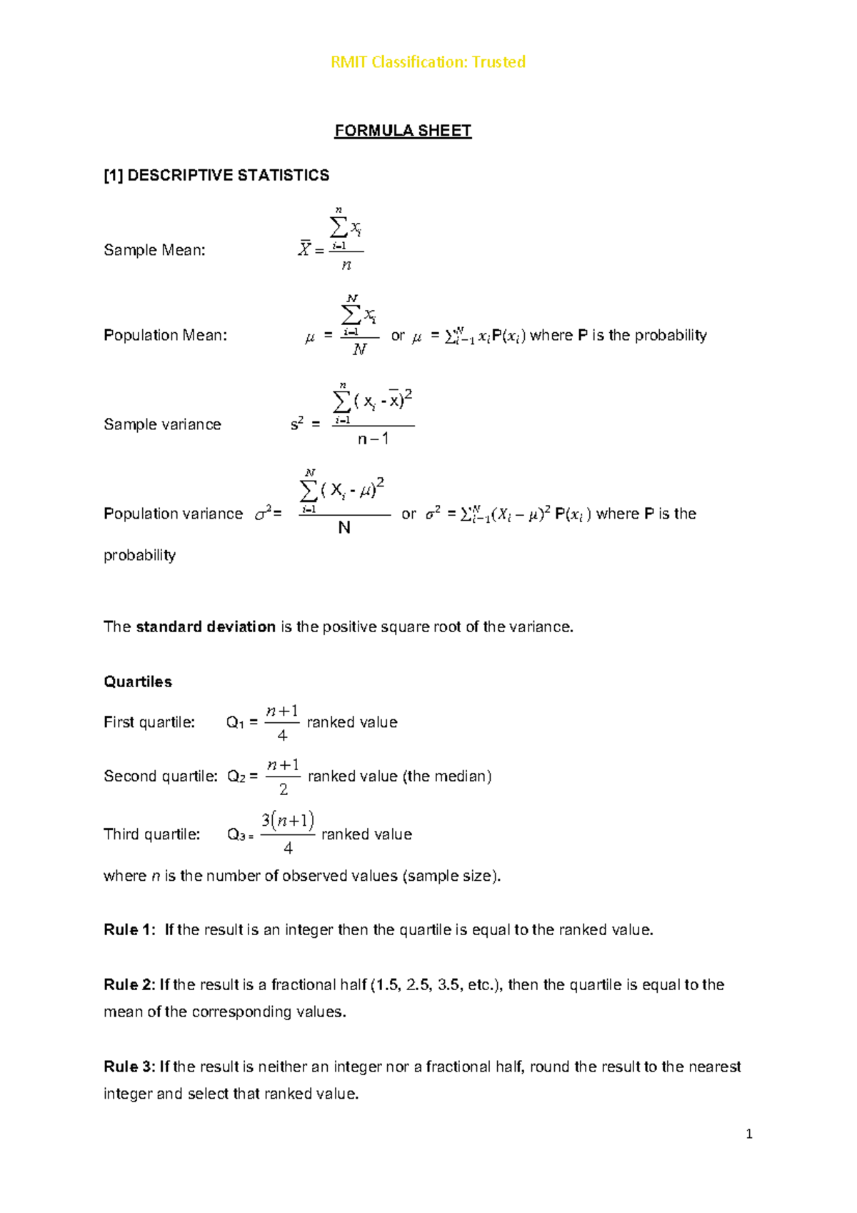 Formula sheet - FORMULA SHEET [1] DESCRIPTIVE STATISTICS Sample Mean ...
