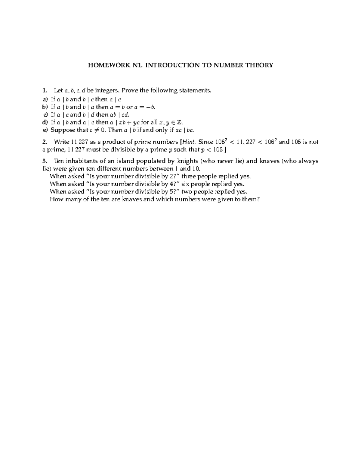 HN1 - Homework - HOMEWORK N1. INTRODUCTION TO NUMBER THEORY Let A, B, C ...