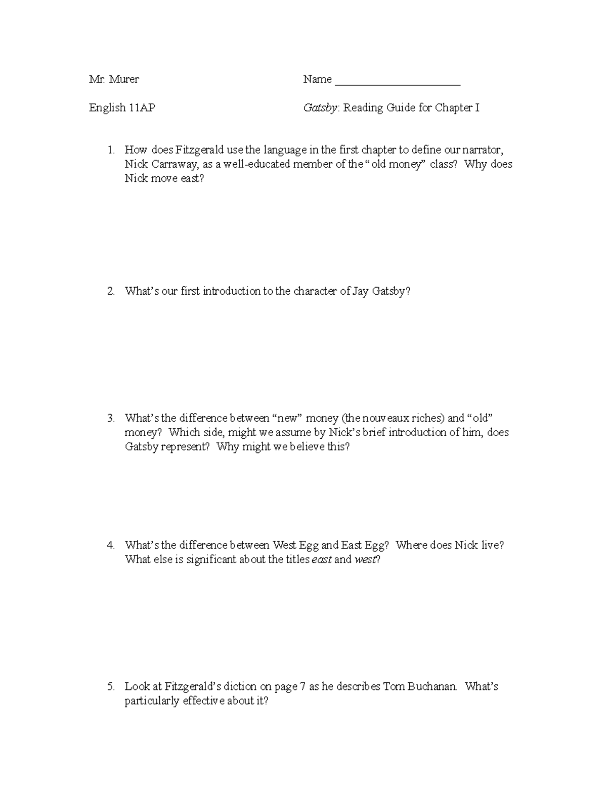 Gatsby Chapter 1 - Google Docs - Mr. Murer Name ...