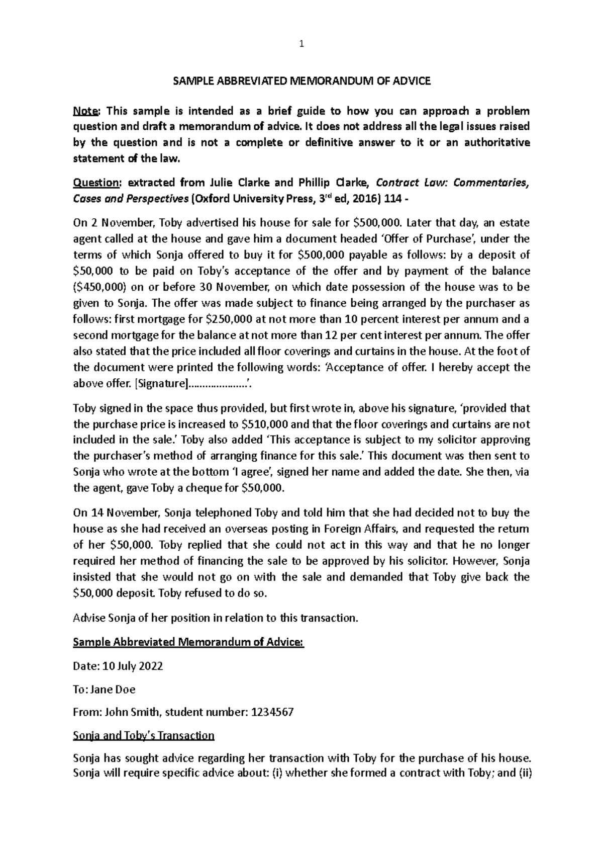 Abbreviated Memorandum of Advice for Sonja's Transaction - Studocu
