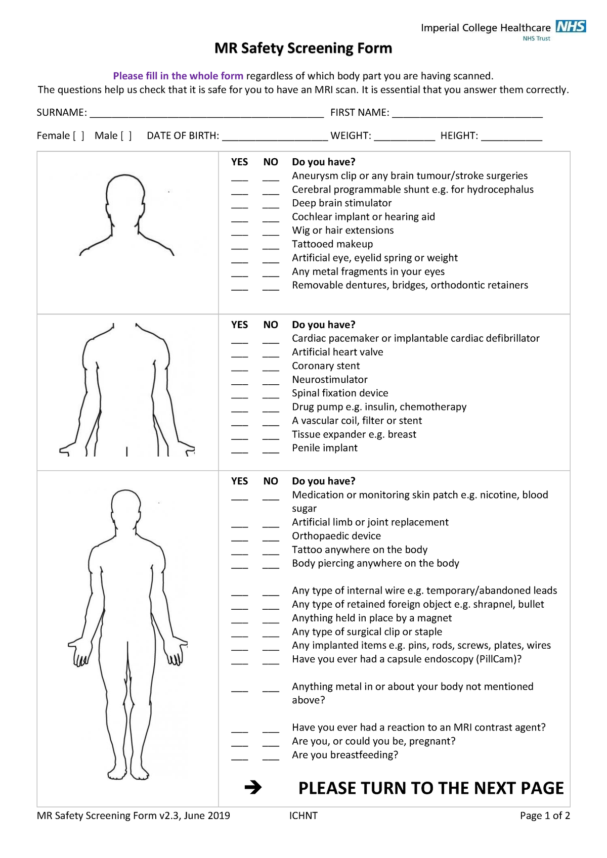 MRI Safety Checklist - Templates - MR Safety Screening Form v2. 3 ...