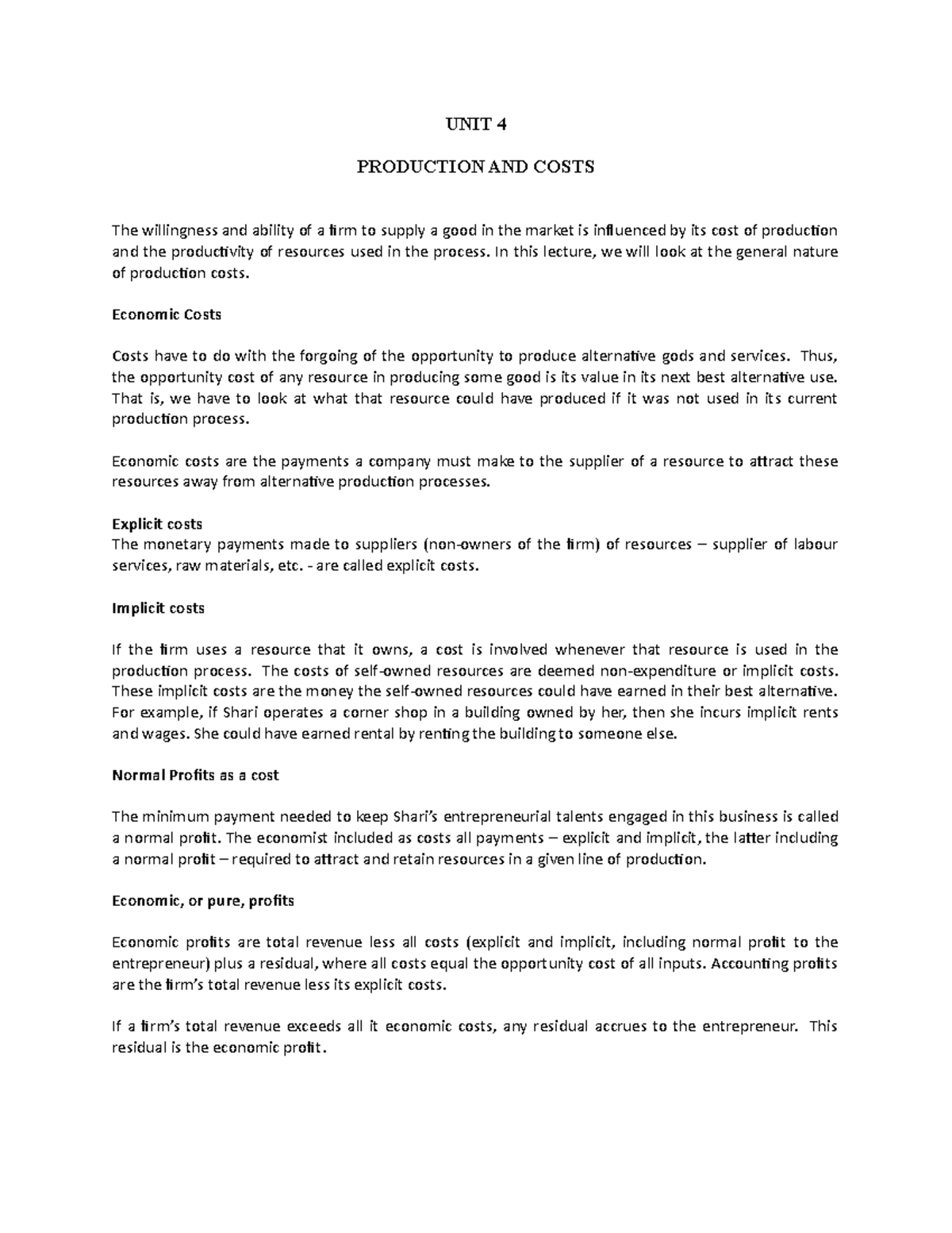 UNIT 4.Production and Cost - UNIT 4 PRODUCTION AND COSTS The ...
