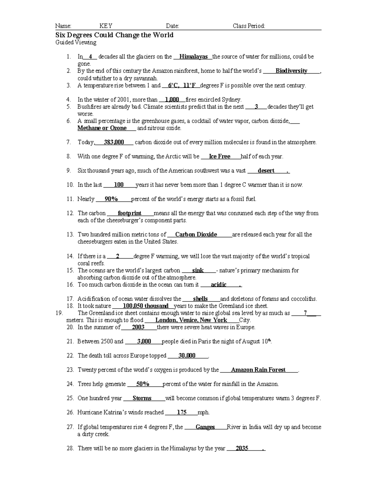 Six Degrees Could Change The World Answers Six degrees could change the world ws short key worksheet - Name: KEY