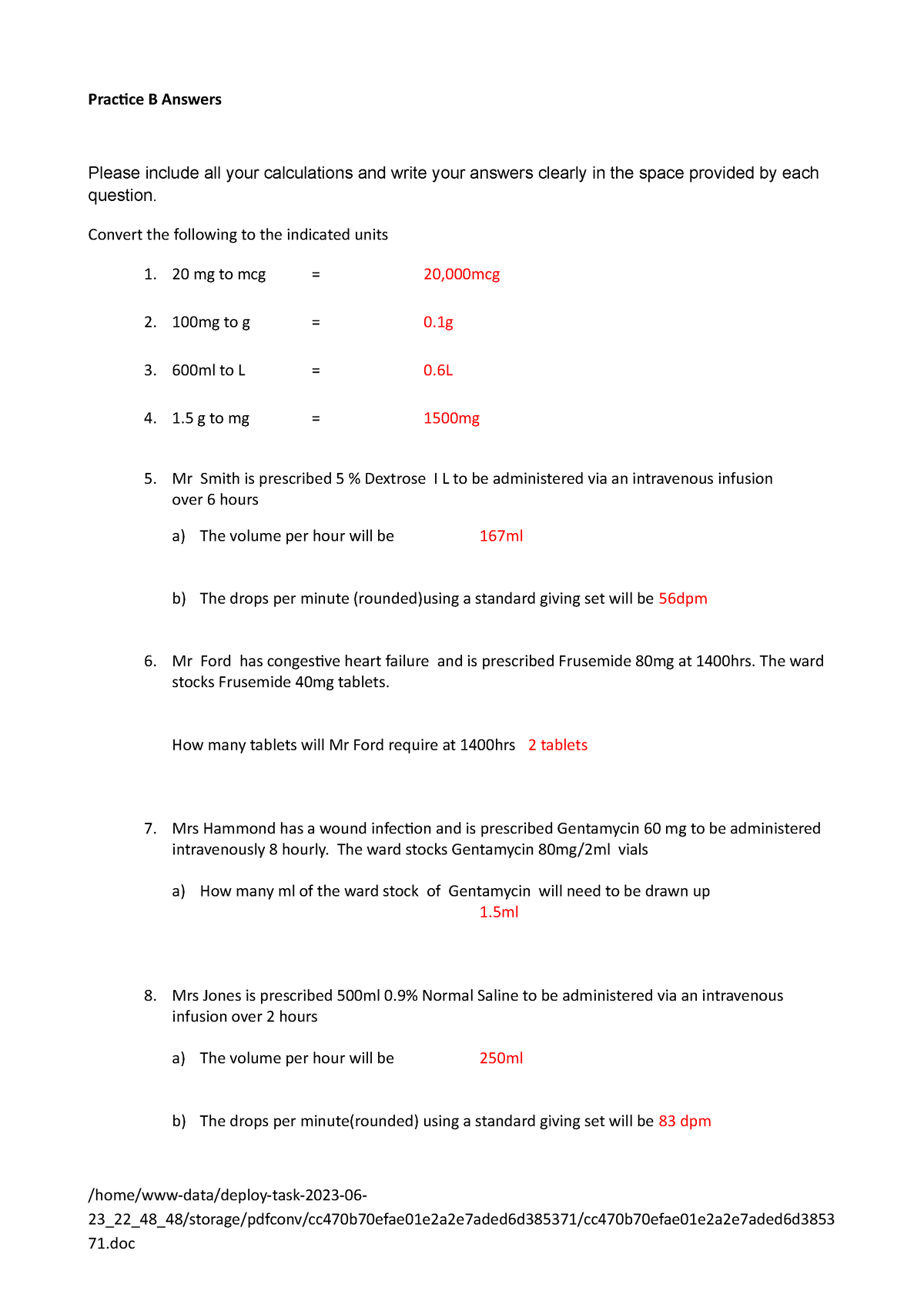 Calcs A's Practice B - Practice B Answers Please Include All Your ...