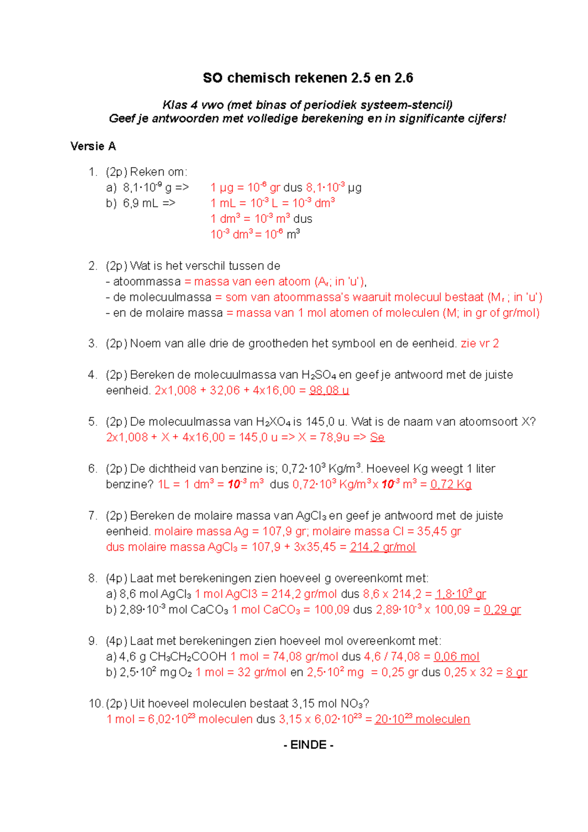 Oefen Chemisch Rekenen Antwoorden - SO Chemisch Rekenen 2 En 2. Klas 4 ...