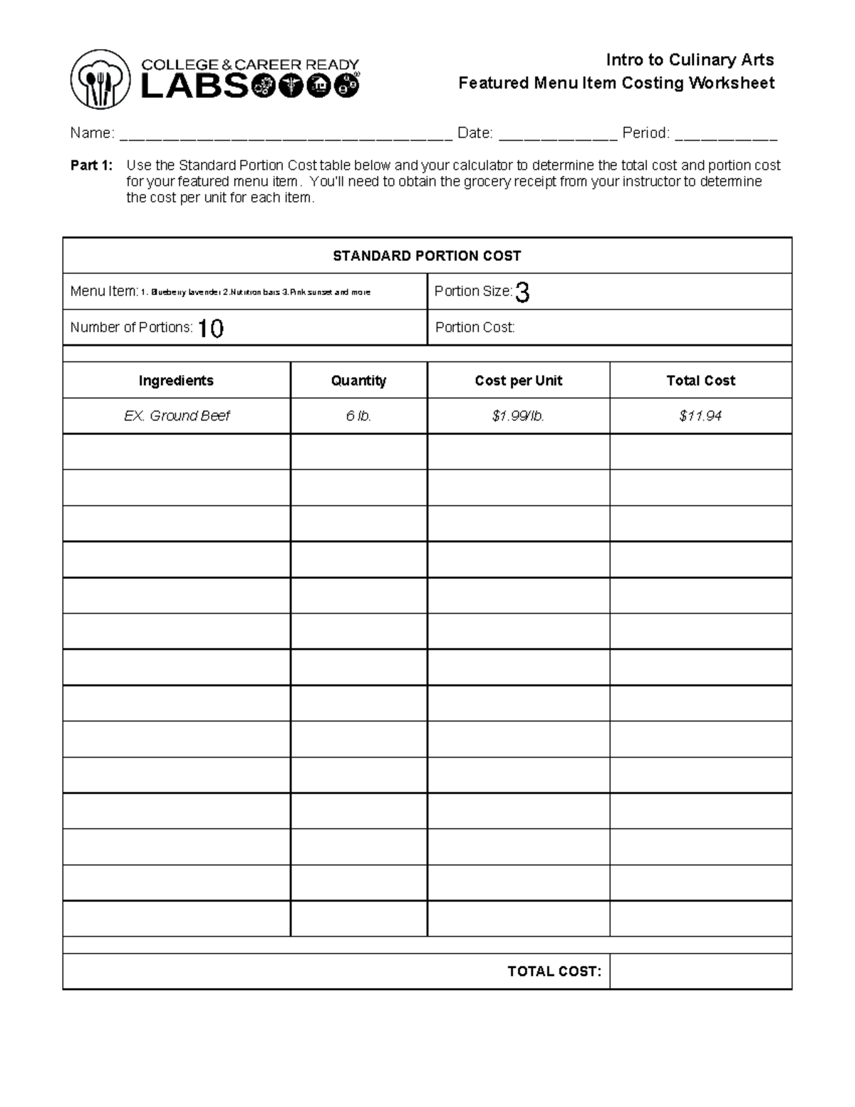 Featured Menu Item Costing Worksheet - Name ...