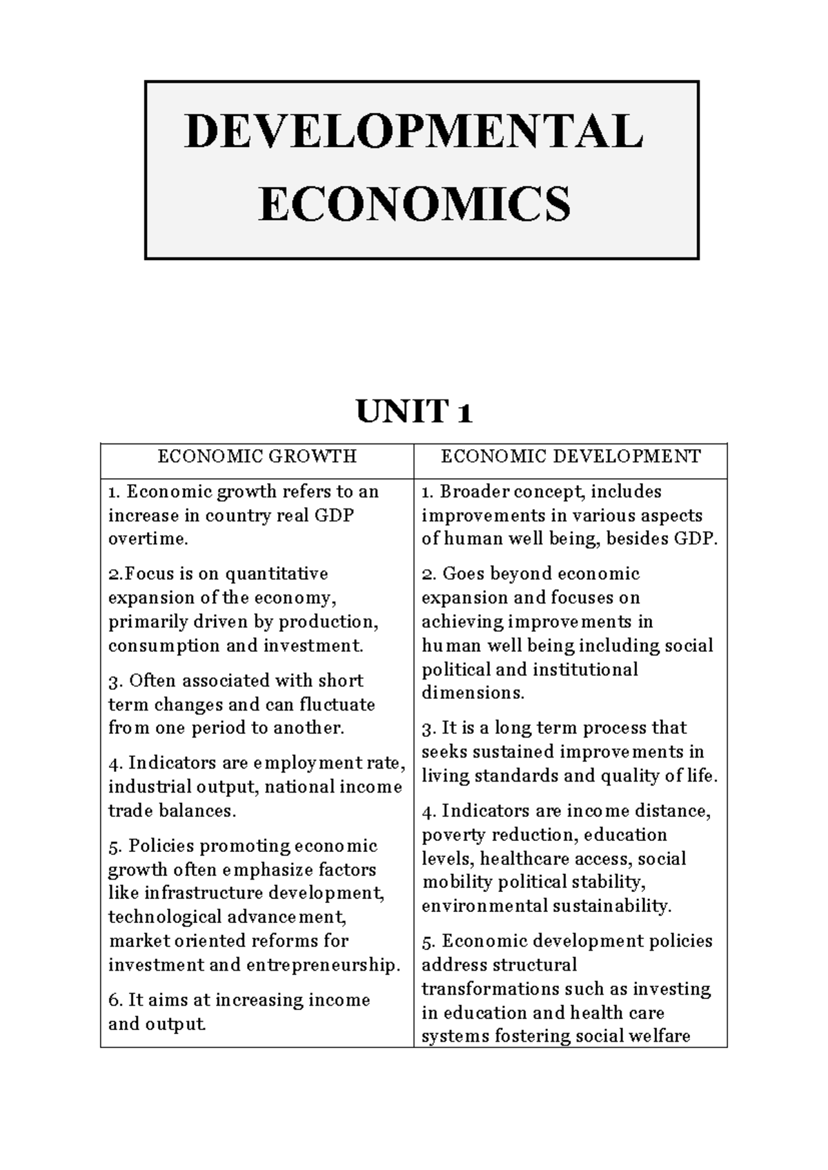 Development - Notes - DEVELOPMENTAL ECONOMICS UNIT 1 ECONOMIC GROWTH ...