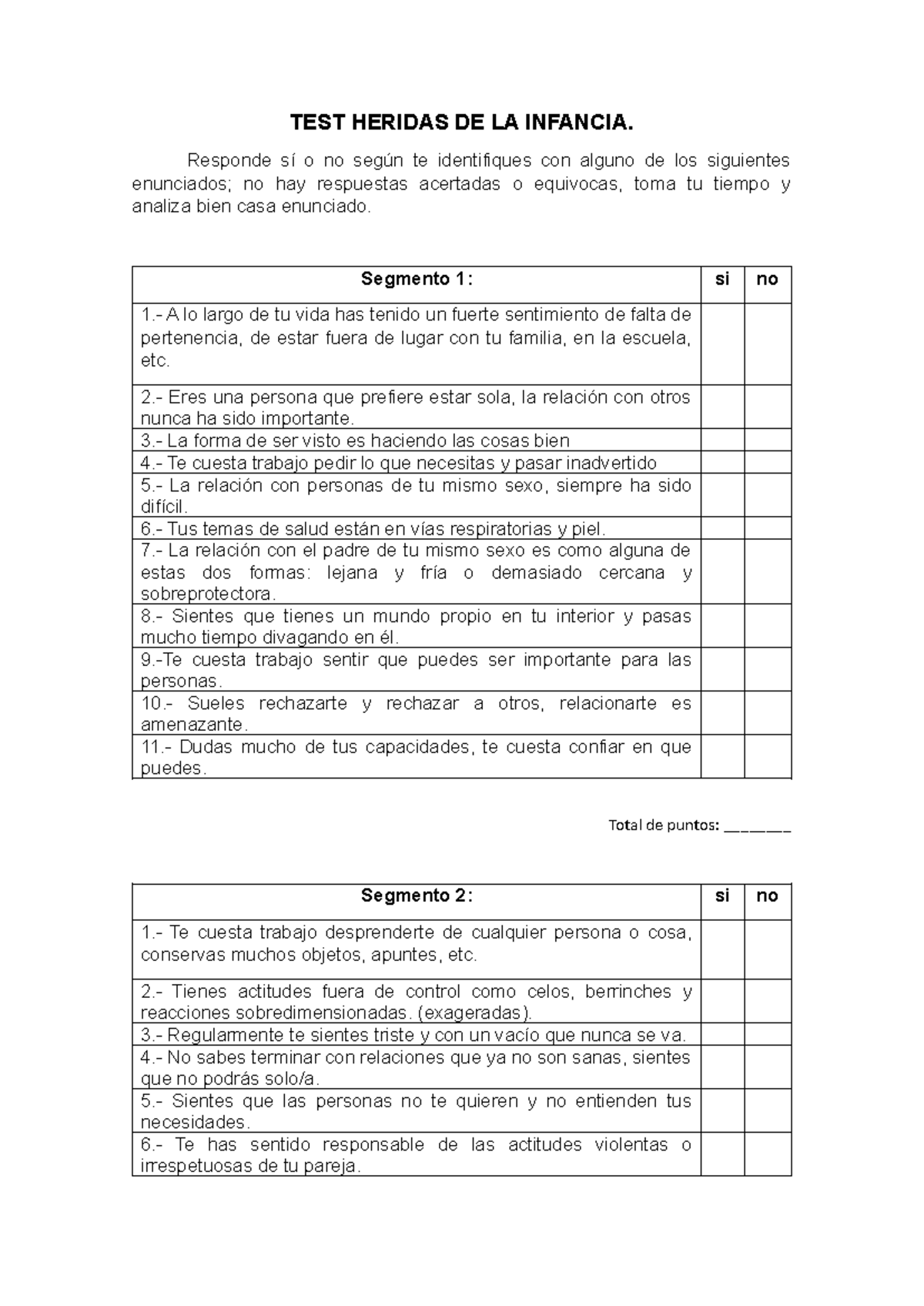Test heridas de infancia - TEST HERIDAS DE LA INFANCIA. Responde sí o ...