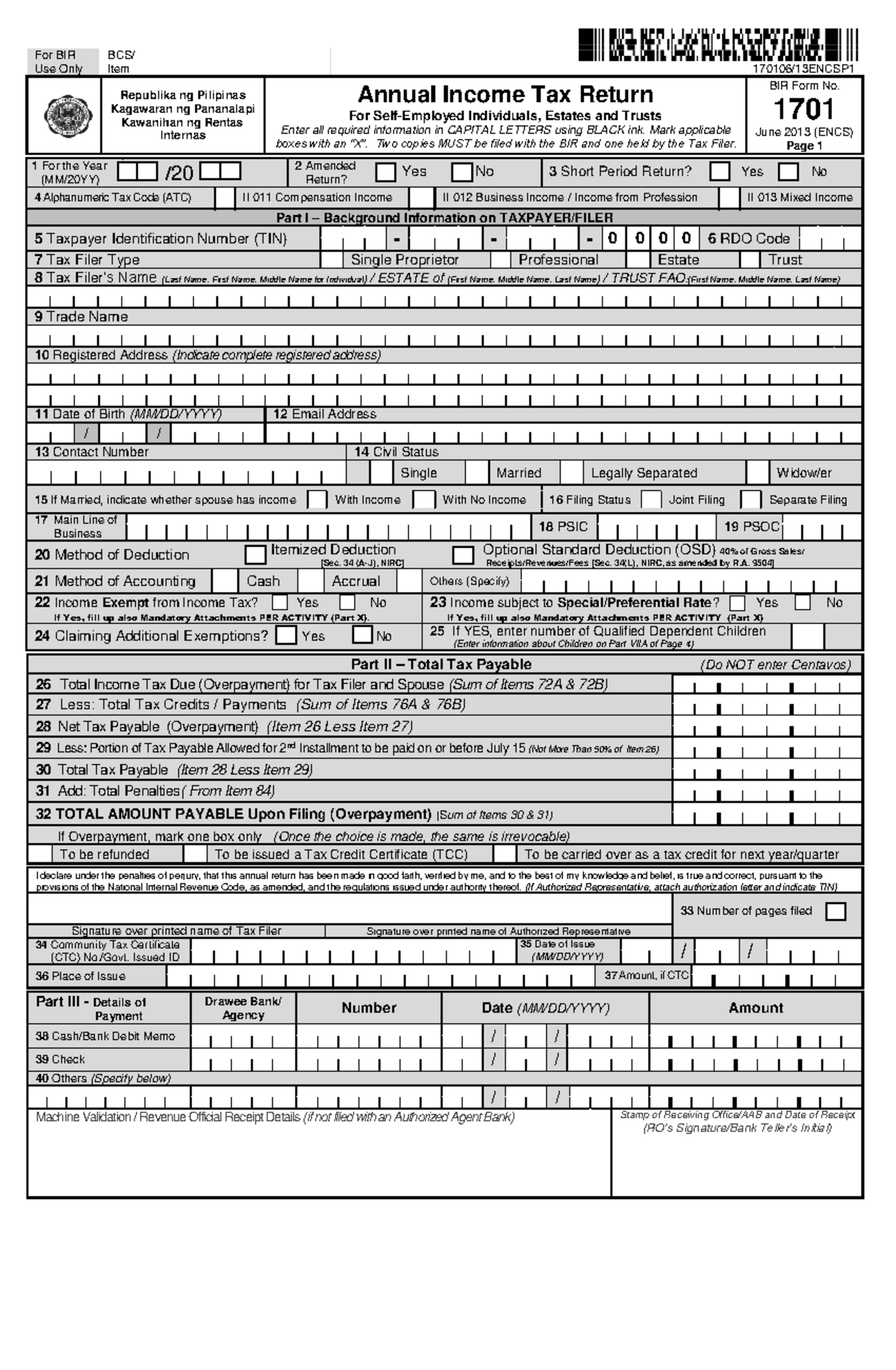 Bir Form 1701 - Nnn - For BIR Use Only BCS/ Item 170106/13ENCSP ...