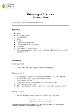 SAPS - Preparation of oil from plants - student notes - Extracting oil ...