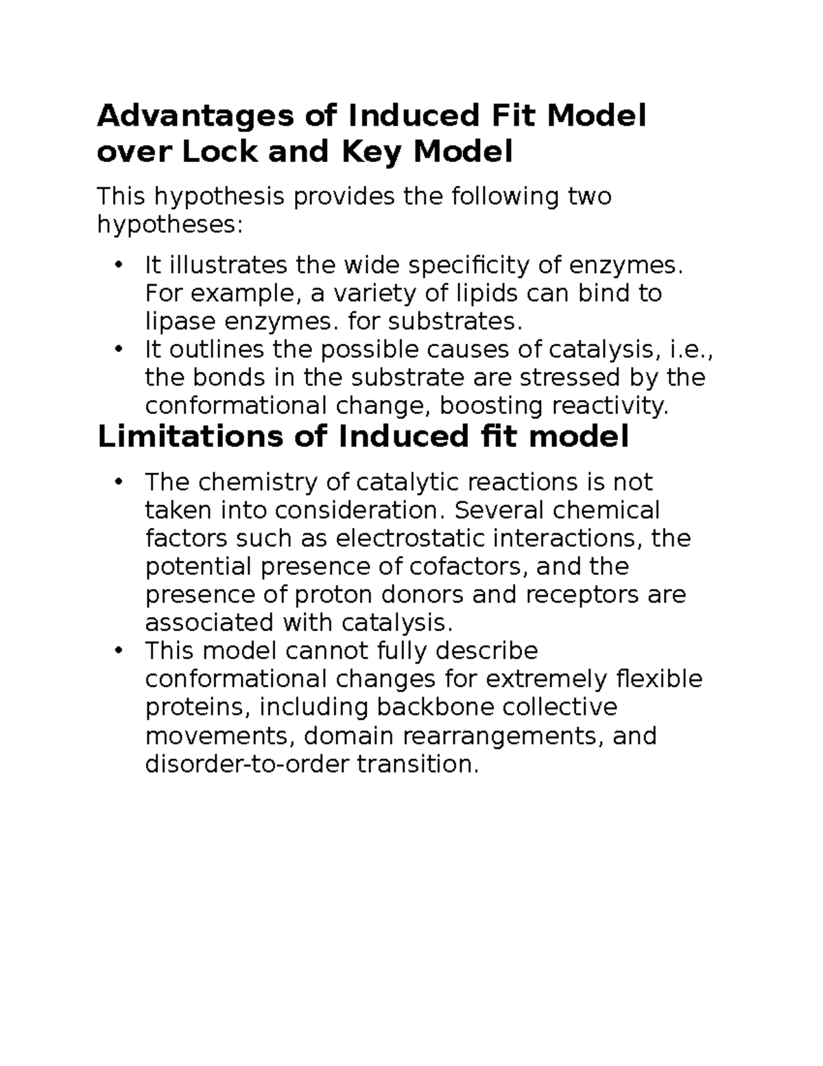 Bio 35 notes Advantages of Induced Fit Model over Lock and Key