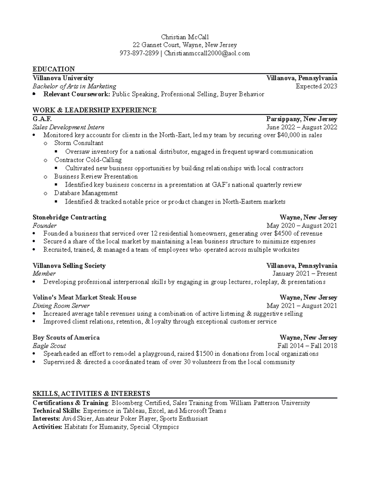 Christian Mc Call Resume SN FN - Christian McCall 22 Gannet Court ...