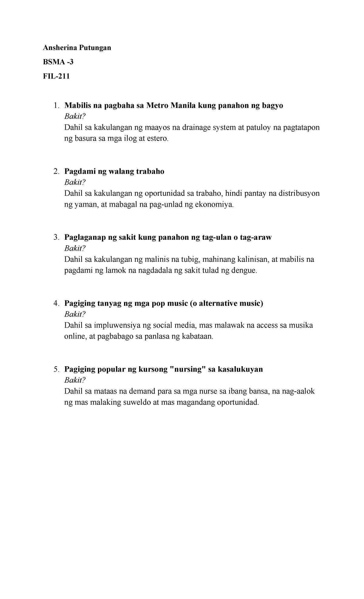 filipino 211 assignment - Ansherina Putungan BSMA - FIL- 1. Mabilis na ...