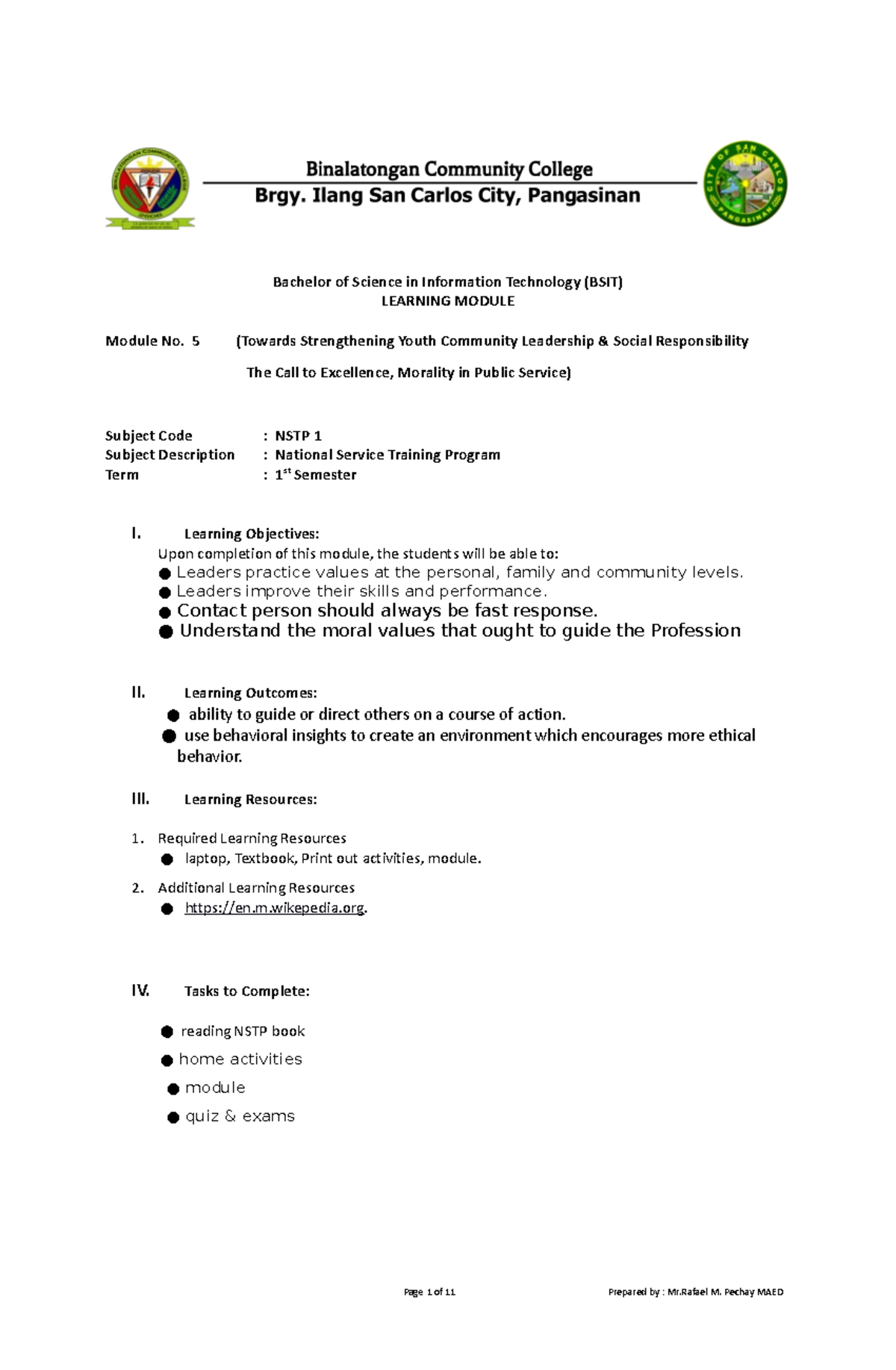 NSTP 1 Lesson 5 NSTP 1 Bachelor of Science in Information