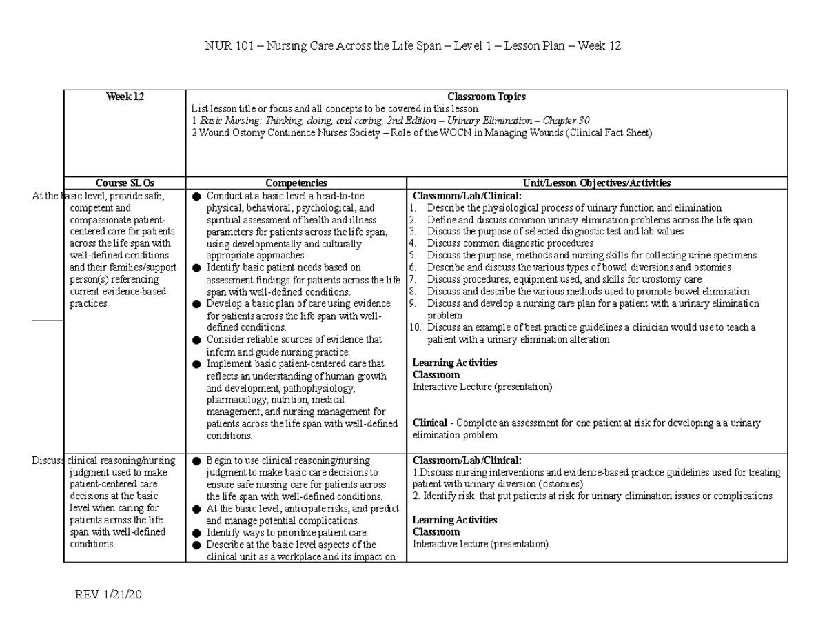 NUR 101 Lesson Plan - Week 12-Revised - NUR 101 – Nursing Care Across ...