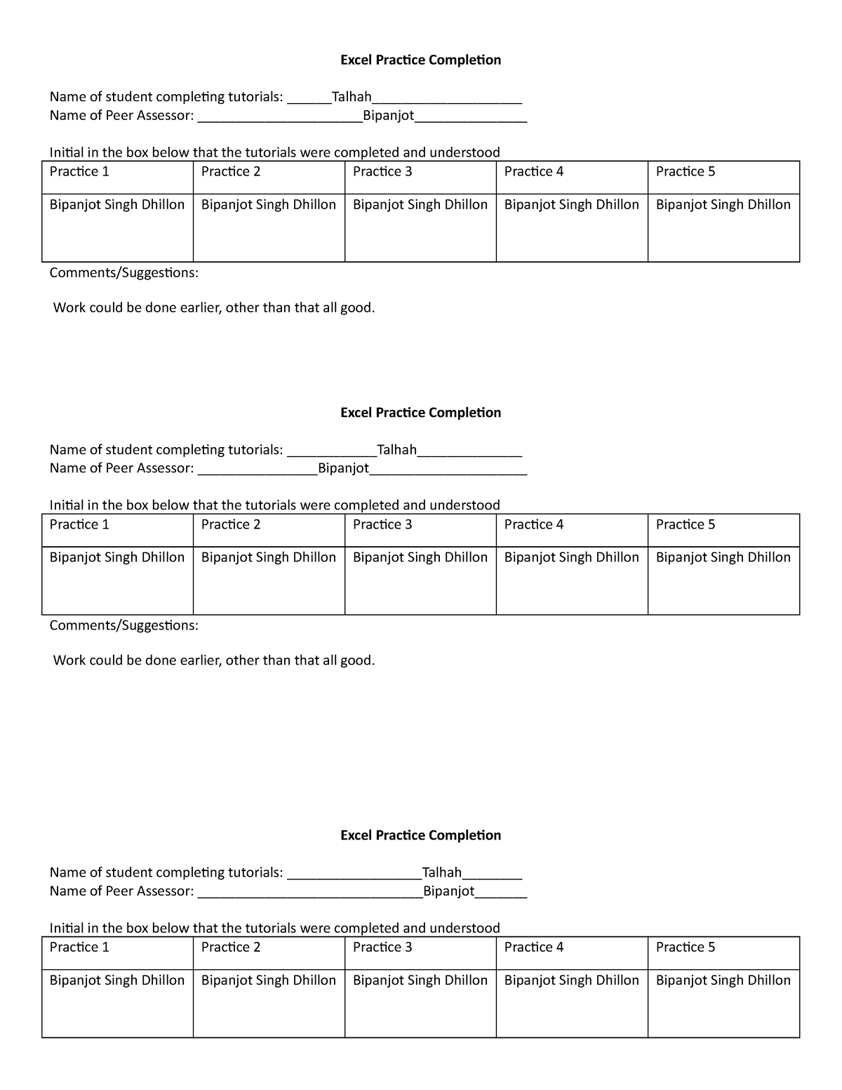 Excel Practice Completion Checklist - Excel Practice Completion Name of ...