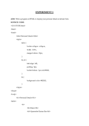Web Technology Lab File - EXPERIMENT 1 AIM: Write a program in HTML to ...