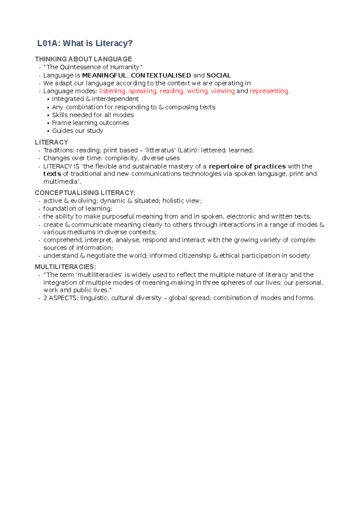 EDUC2600 Lecture Notes - L01A: What is Literacy? THINKING ABOUT ...