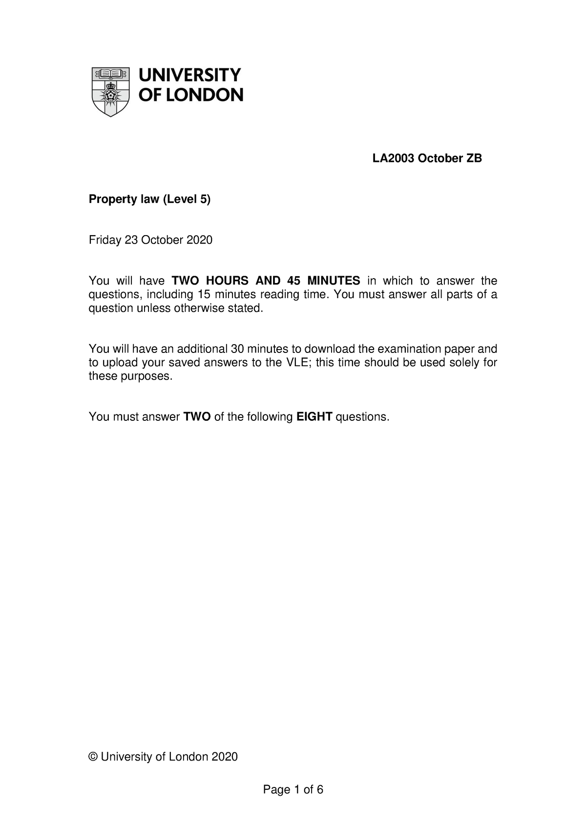 Property L5 Exam 2020(Oct) B - LA2003 October ZB Property Law (Level 5 ...