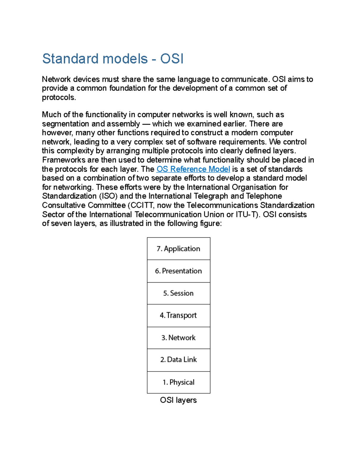 Notes - Standard models - OSI Network devices must share the same ...