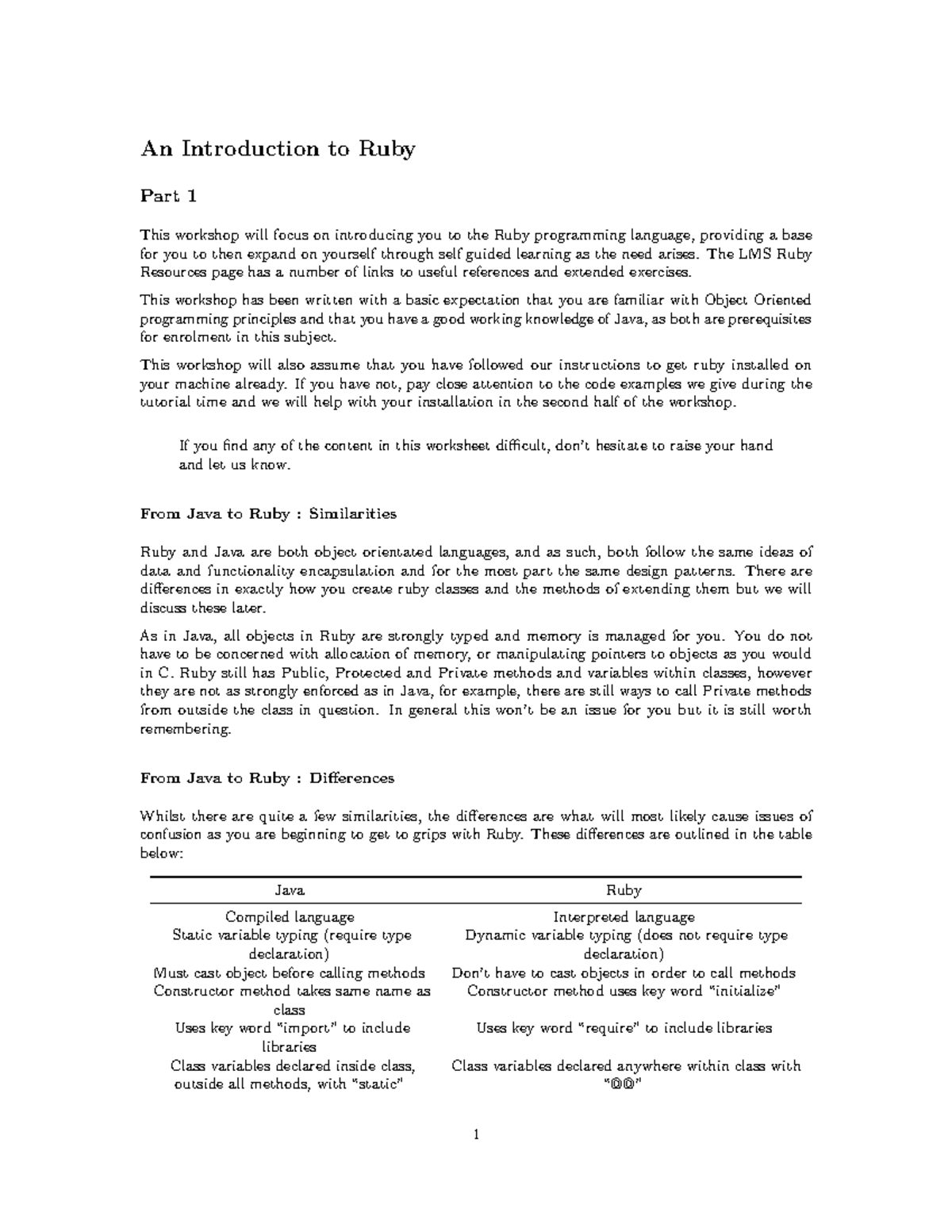 An Intrduction To Ruby - Summary - lectures 1 - 2 - An Introduction to ...