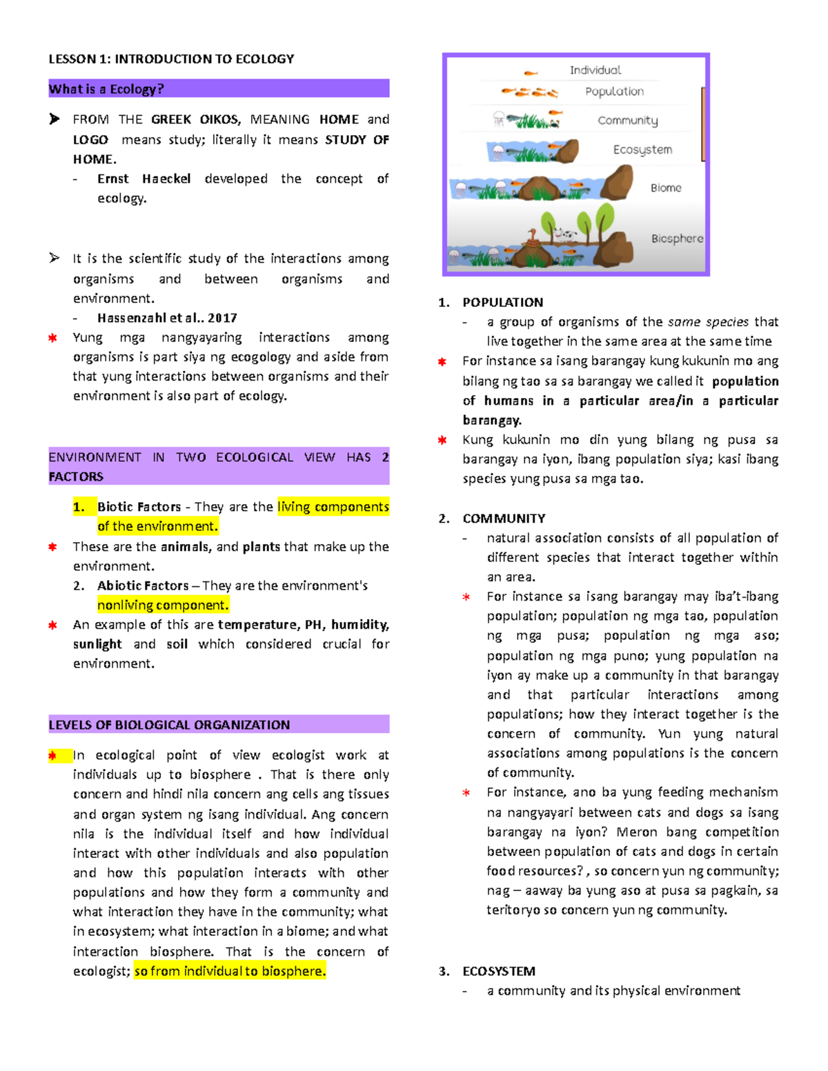 2. Lesson 1 - Introduction TO Ecology - Copy - LESSON 1: INTRODUCTION ...