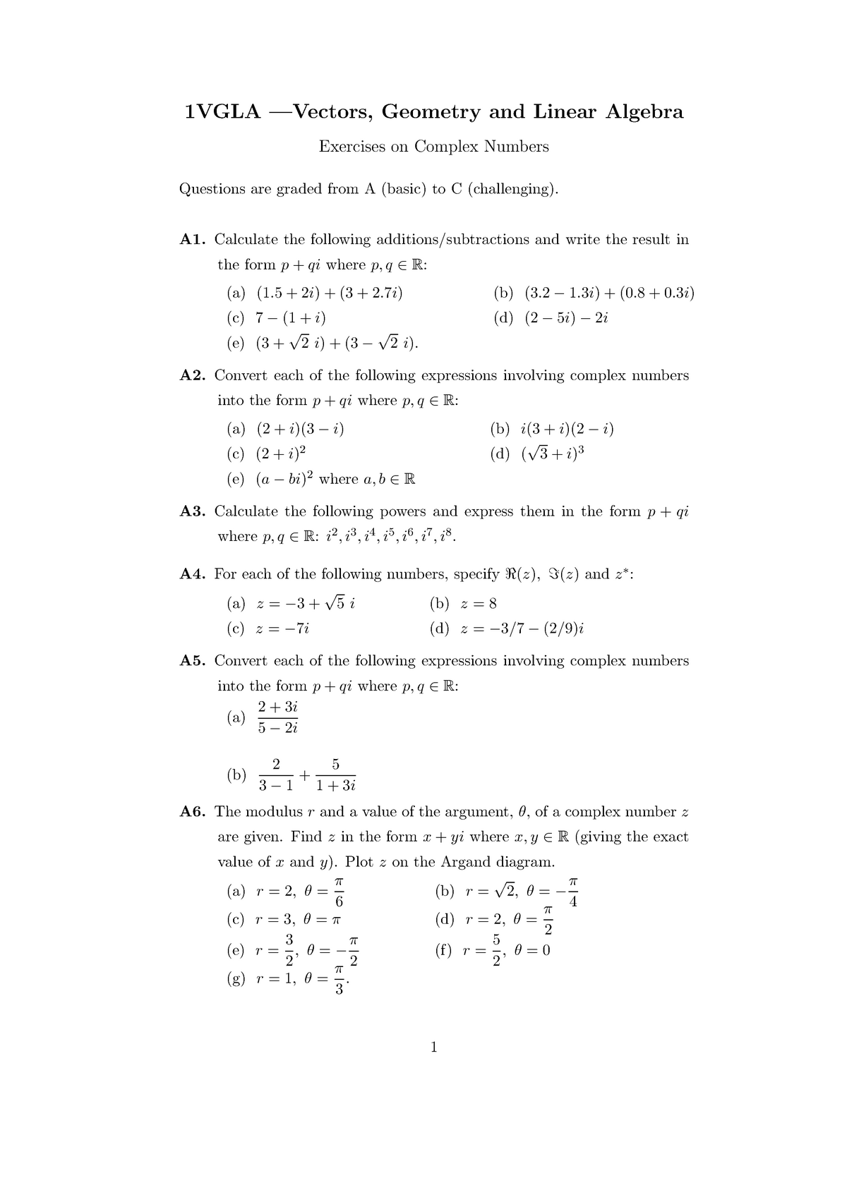 Complex Numbers Exercises - 1VGLA —Vectors, Geometry And Linear Algebra ...