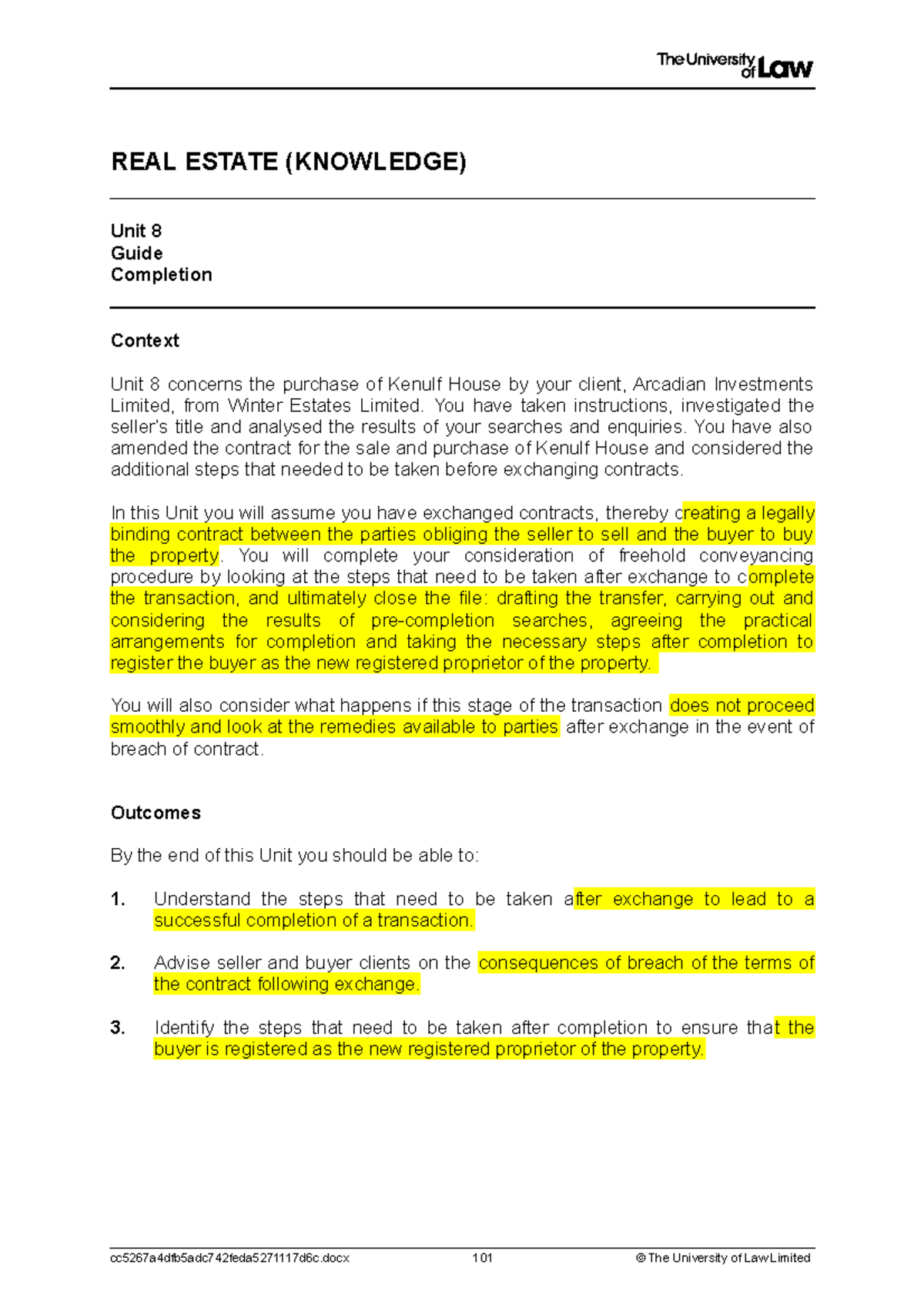 Real estate 8 REAL ESTATE (KNOWLEDGE) Unit 8 Guide