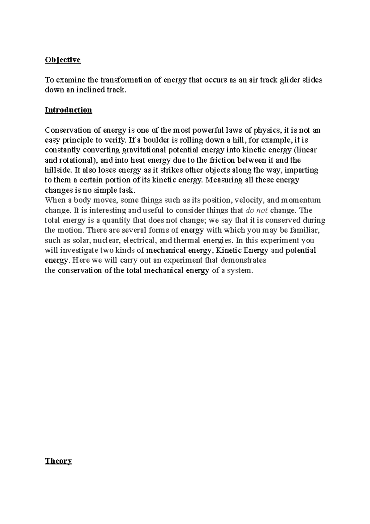 Conservation Of Energy Lab Report - Objective To Examine The ...