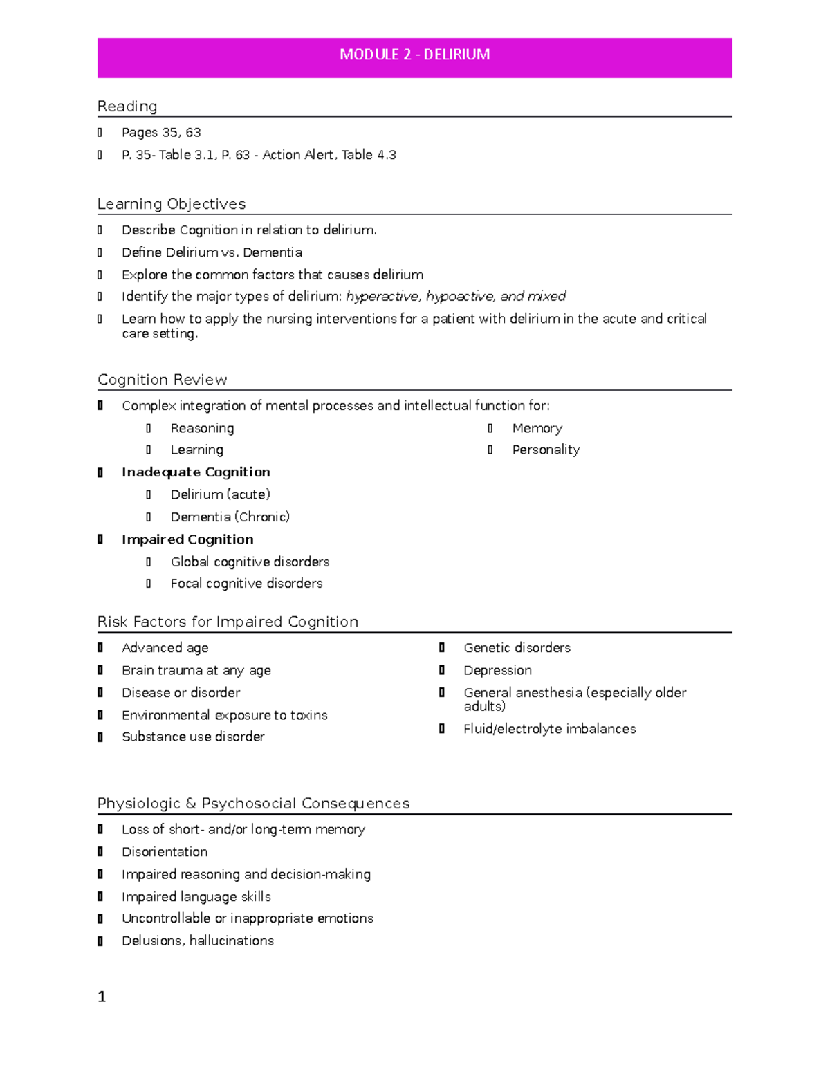 Module 2 Delirium - Lecture 2 notes - Reading Pages 35, 63 P. 35- Table ...
