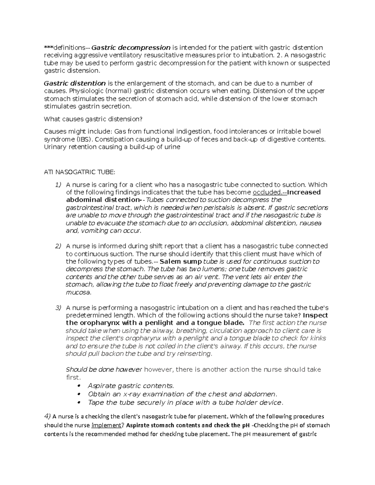 ATI Nasogastric TUBE ATI NG tube ***definitions Gastric