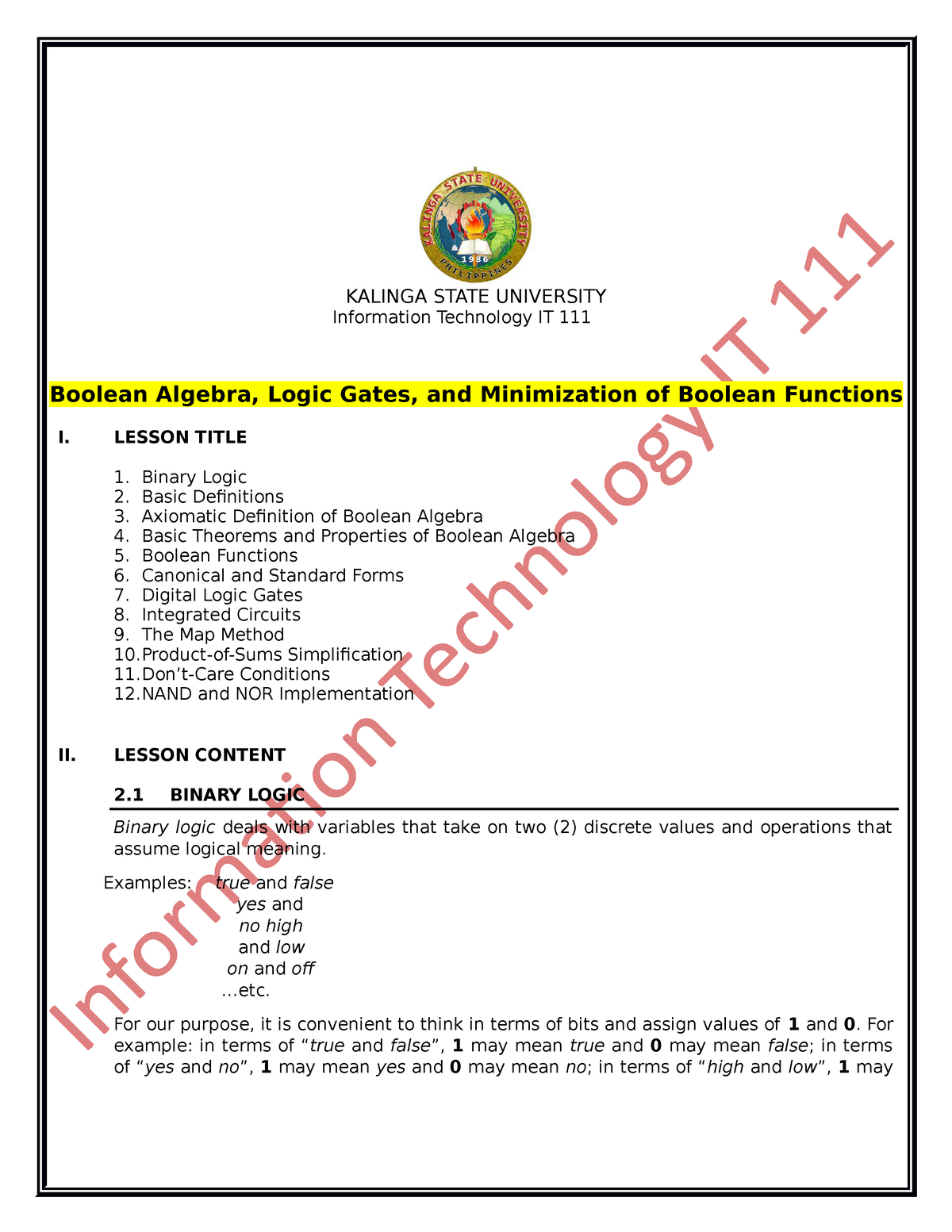 Boolean Algebra - Information Technology IT Lecture Notes For Student ...