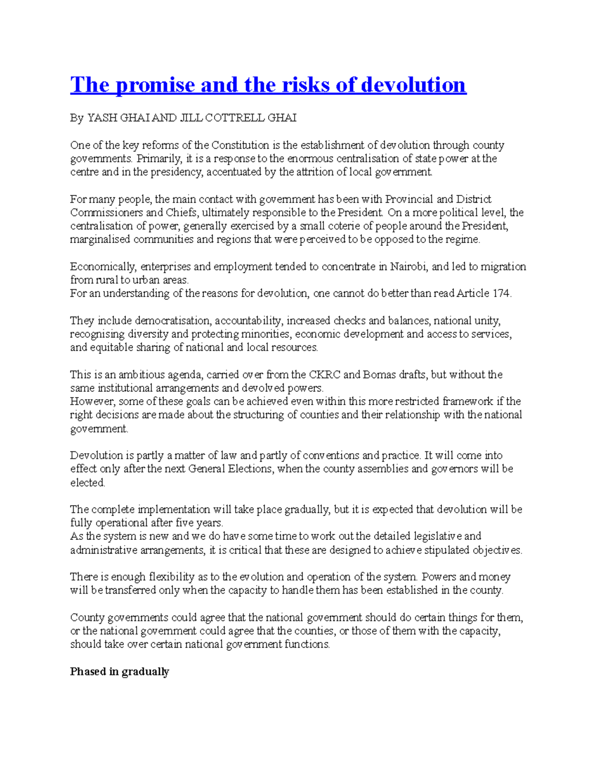 The promise and the risks of devolution - Primarily, it is a response ...