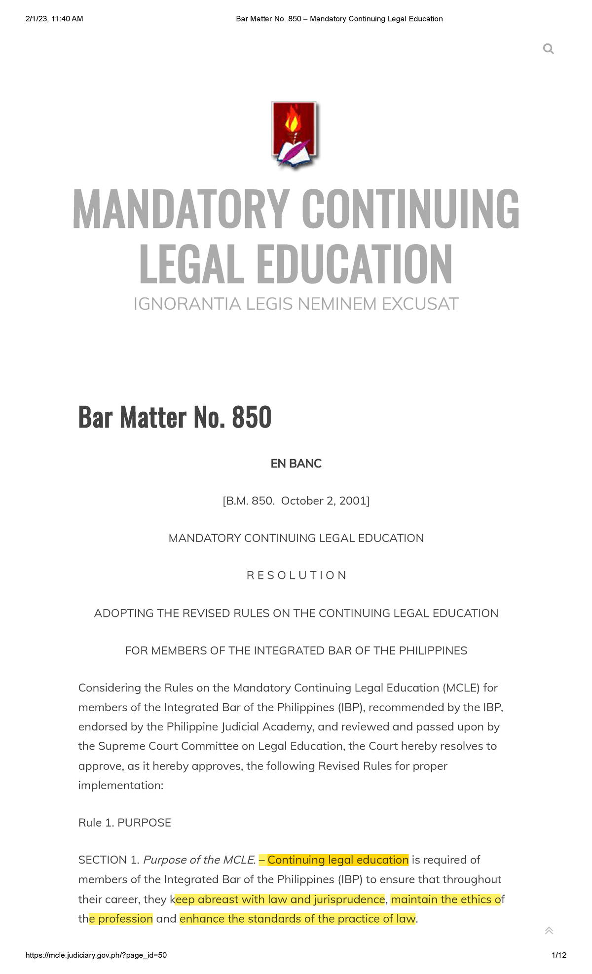 Bar Matter No. 850 – Mandatory Continuing Legal Education - MANDATORY ...