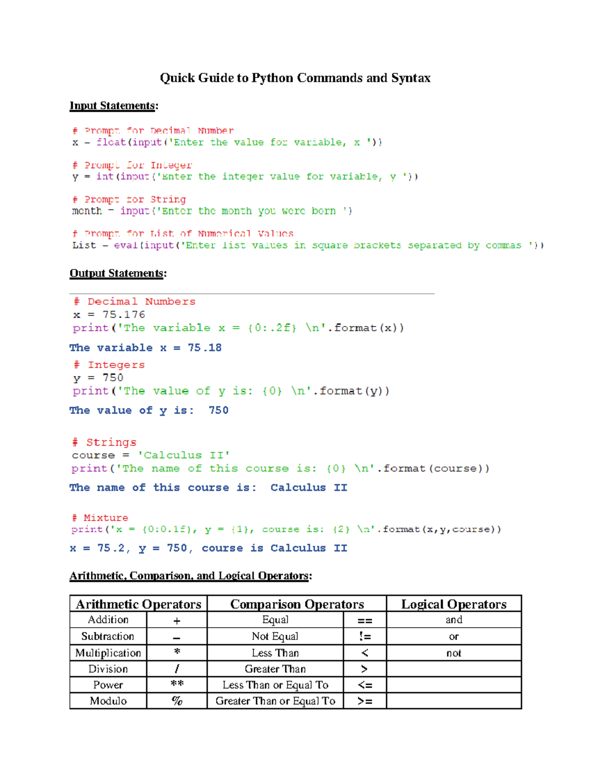 Python Software Guide - Quick Guide to Python Commands and Syntax Input ...