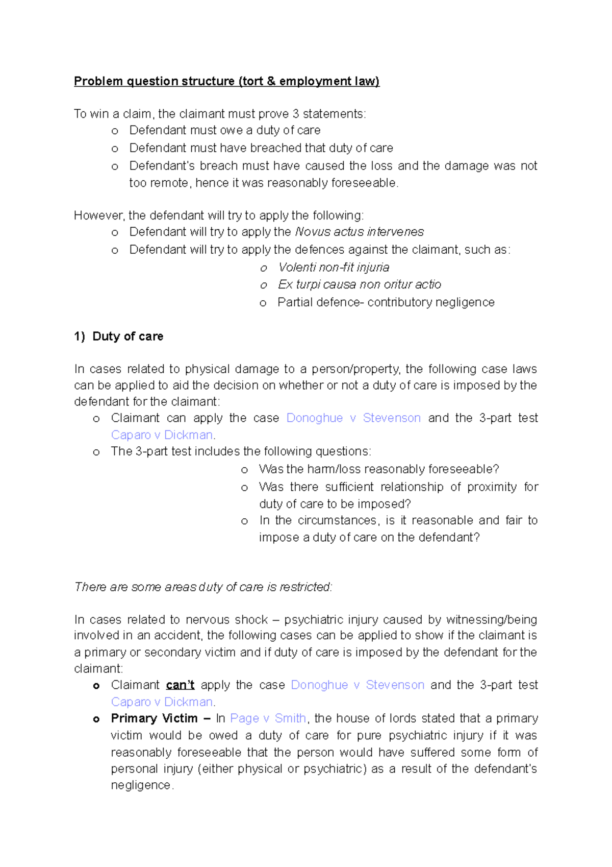 TORT AND Employment LAW Notes - Problem question structure (tort ...